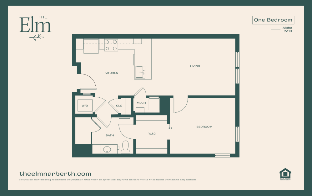 Alpha 1 - 1 bedroom floorplan layout with 1 bathroom and 793 square feet (Floor 4)