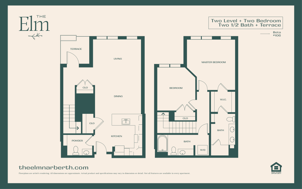 Beta 1 - 2 bedroom floorplan layout with 2.5 bathrooms and 1497 square feet (Floor 3)