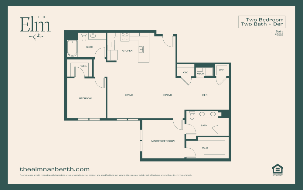 Beta 2 - with Den - 2 bedroom floorplan layout with 2 bathrooms and 1240 - 1328 square feet (Floor 3)