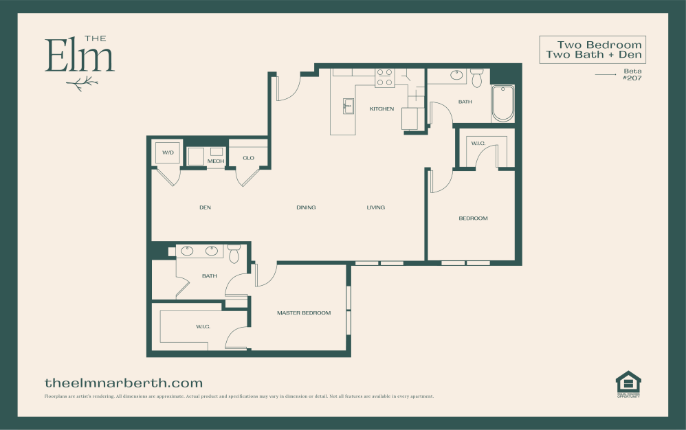 Beta 2 - with Den - 2 bedroom floorplan layout with 2 bathrooms and 1240 - 1328 square feet (Floor 4)