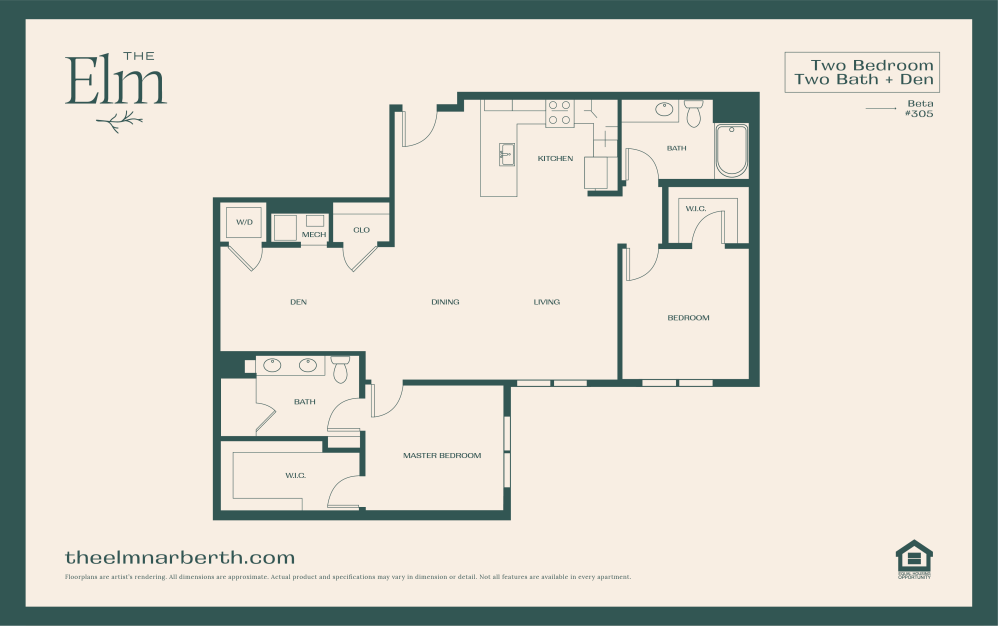 Beta 2 - with Den - 2 bedroom floorplan layout with 2 bathrooms and 1240 - 1328 square feet (Floor 5)
