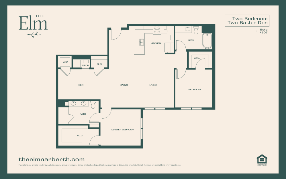 Beta 2 - with Den - 2 bedroom floorplan layout with 2 bathrooms and 1240 - 1328 square feet (Floor 6)
