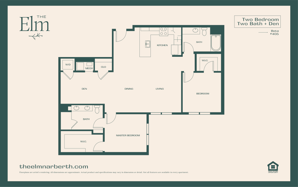 Beta 2 - with Den - 2 bedroom floorplan layout with 2 bathrooms and 1240 - 1328 square feet (Floor 8)