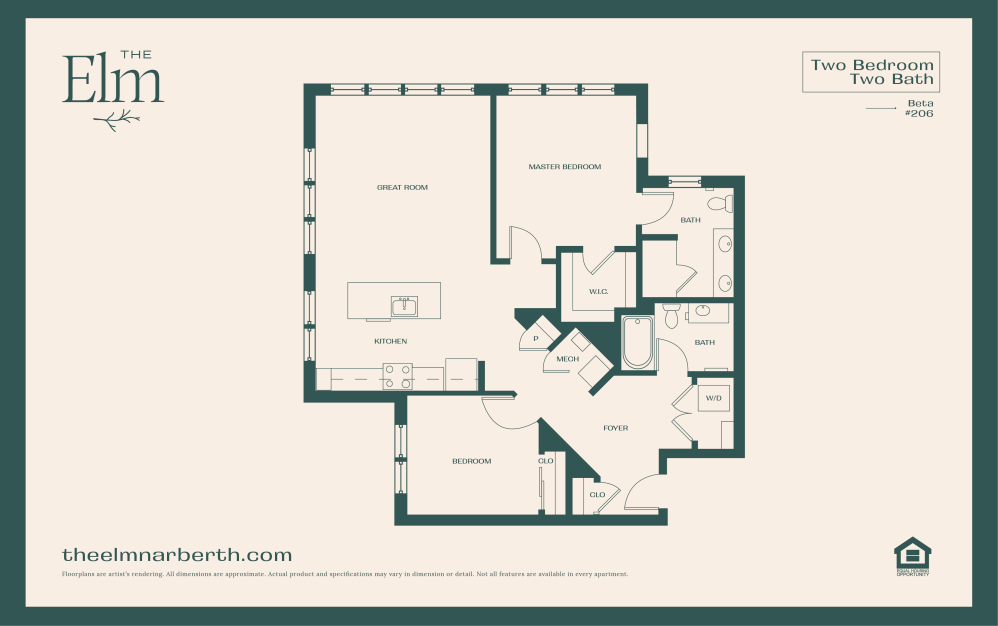 Beta 4 - 2 bedroom floorplan layout with 2 bathrooms and 1272 square feet (Floor 1)