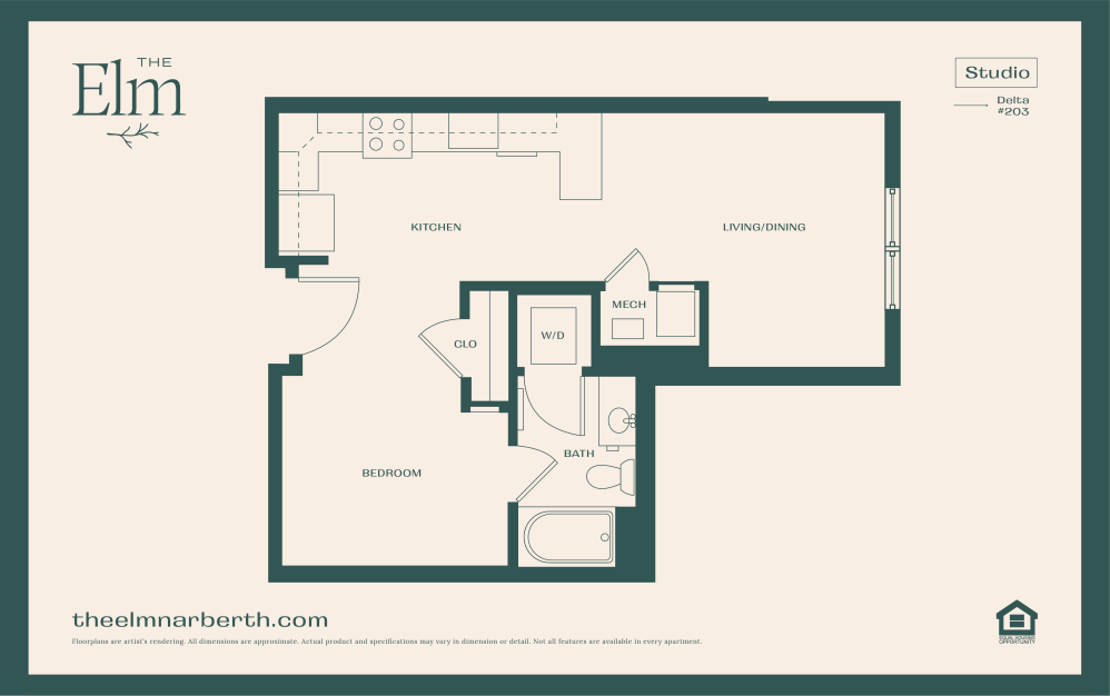 Delta 2 - Studio floorplan layout with 1 bathroom and 666 square feet (Floor 4)