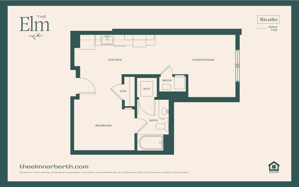 Delta 1 - Studio floorplan layout with 1 bathroom and 586 square feet