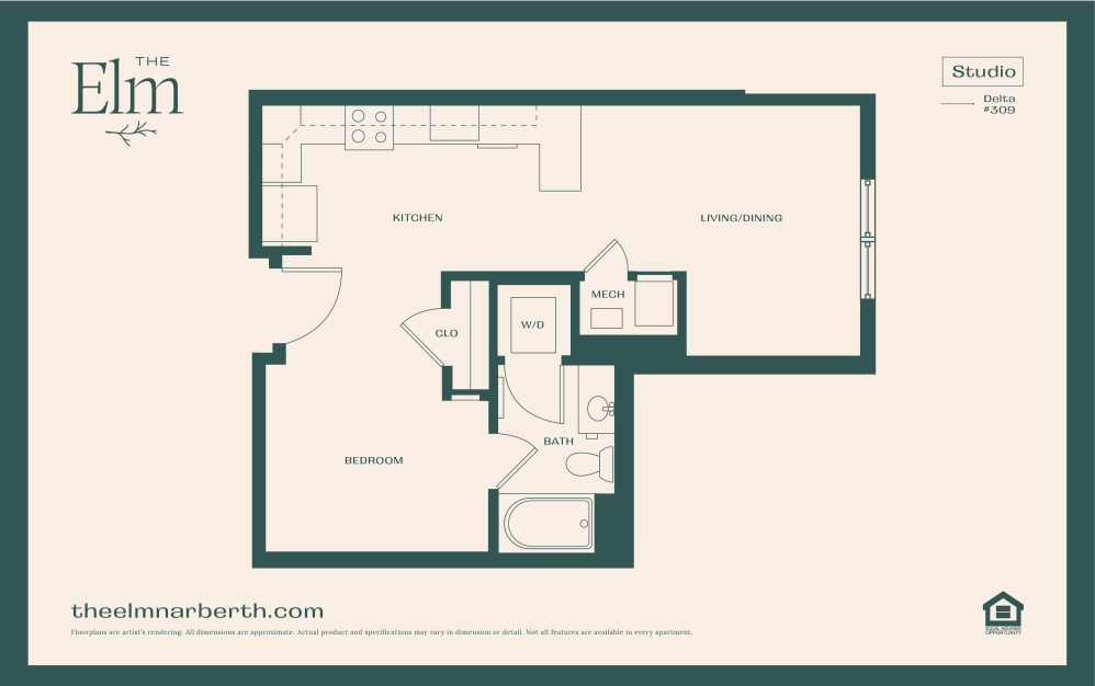 Delta 2 - Studio floorplan layout with 1 bathroom and 666 square feet (Floor 1)